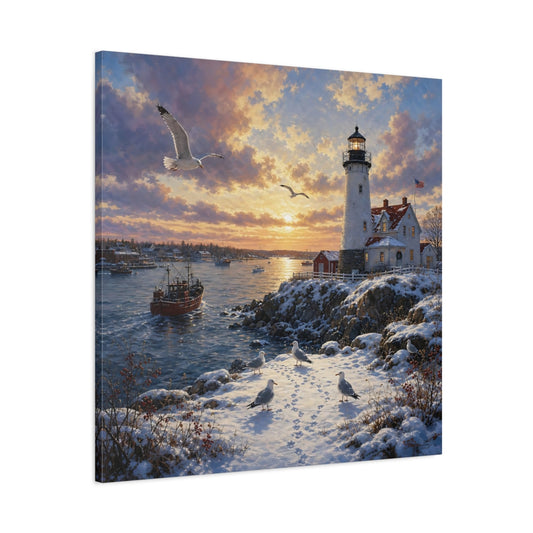 Main Mockup. Nature Lighthouse Orange And Blue shown as stretched canvas wall art