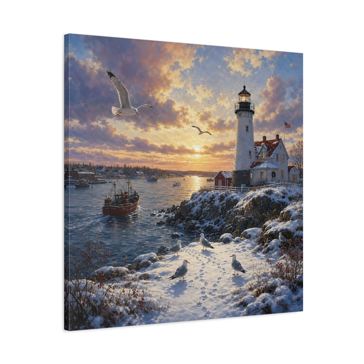 Side Mockup 3. Nature Lighthouse Orange And Blue shown as stretched canvas wall art
