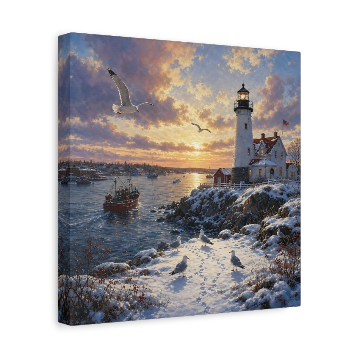 Side Mockup 8. Nature Lighthouse Orange And Blue shown as stretched canvas wall art