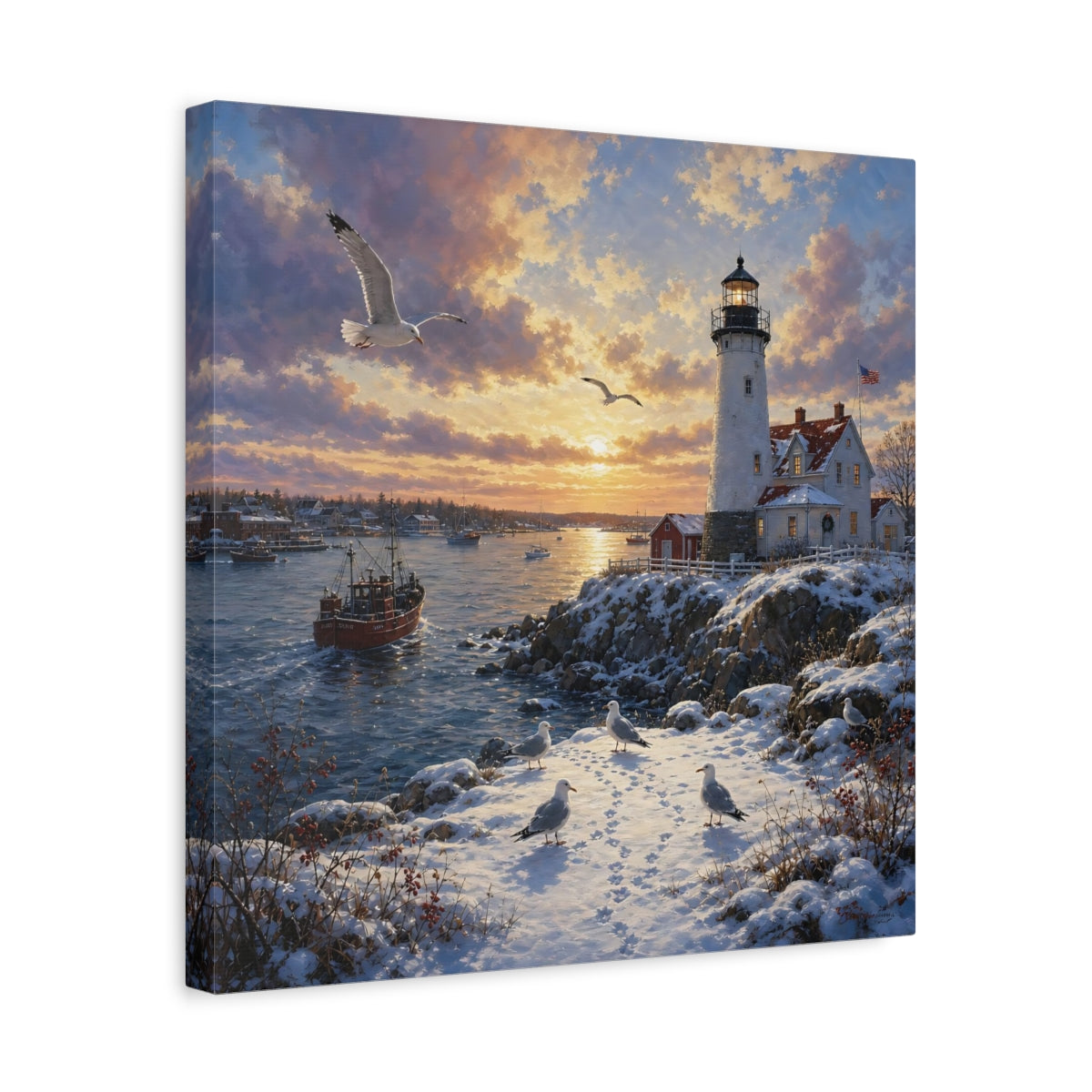 Side Mockup 6. Nature Lighthouse Orange And Blue shown as stretched canvas wall art