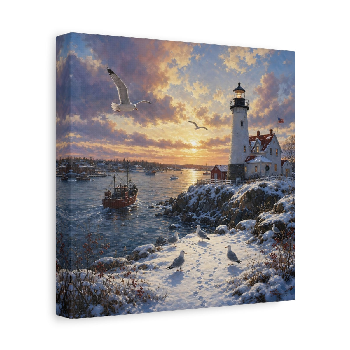 Side Mockup 9. Nature Lighthouse Orange And Blue shown as stretched canvas wall art