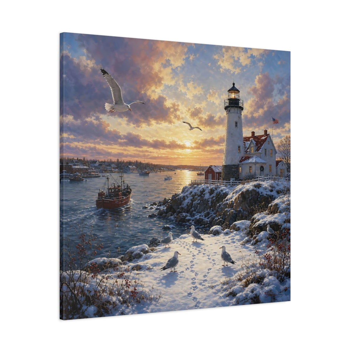 Side Mockup 1. Nature Lighthouse Orange And Blue shown as stretched canvas wall art