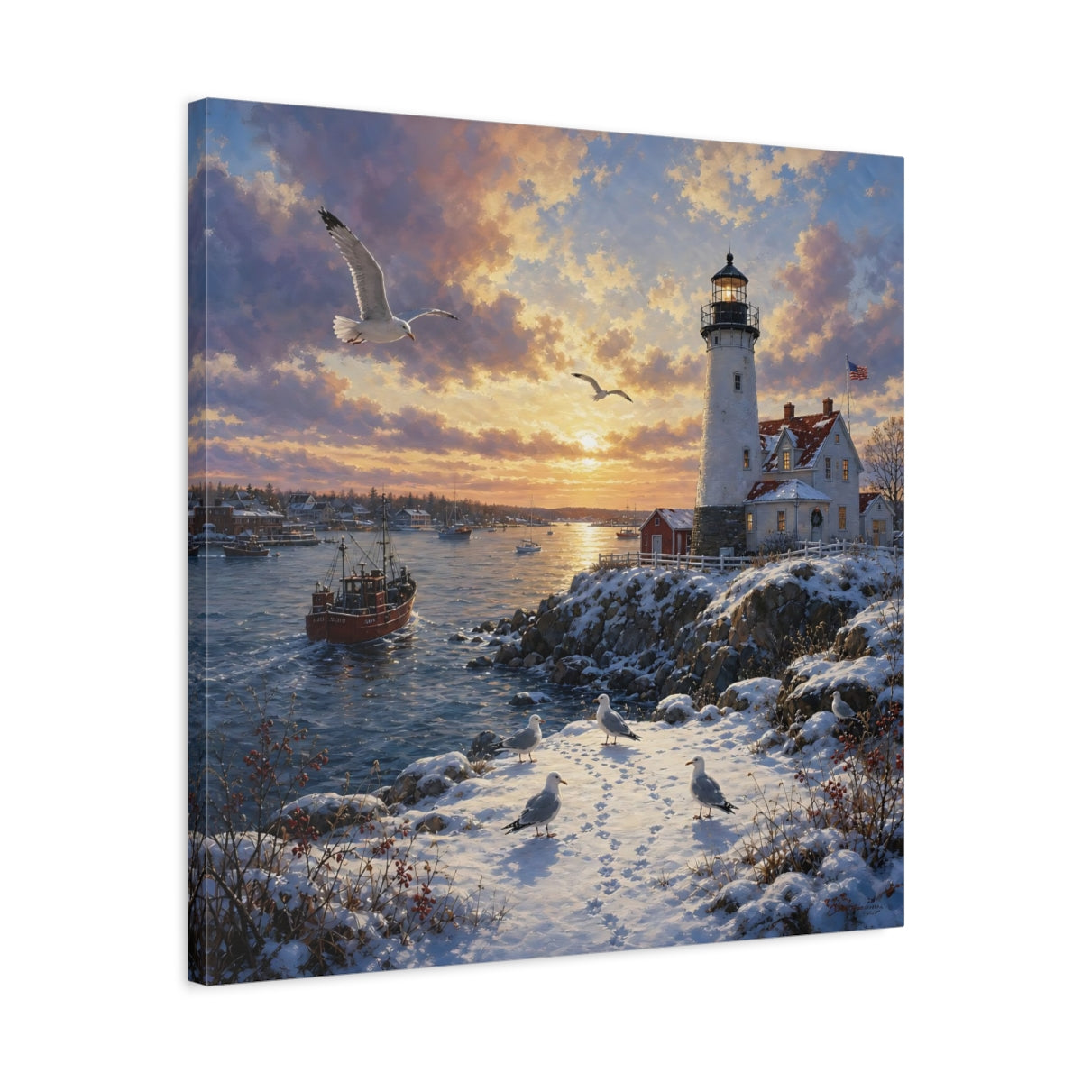 Side Mockup 4. Nature Lighthouse Orange And Blue shown as stretched canvas wall art