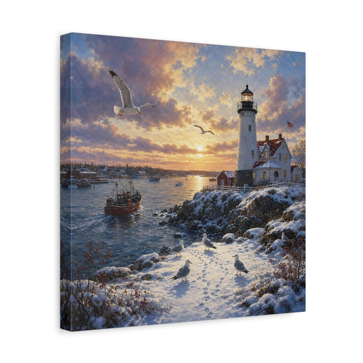 Side Mockup 7. Nature Lighthouse Orange And Blue shown as stretched canvas wall art