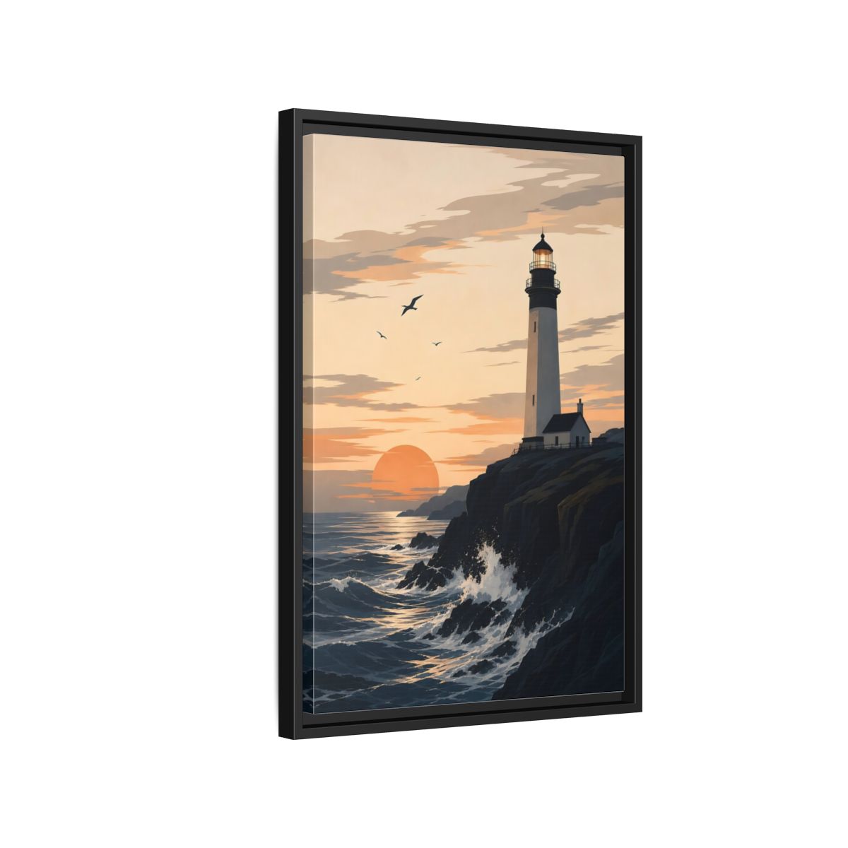 Side Mockup 3. Nature Lighthouse Orange And Blue shown as stretched canvas wall art