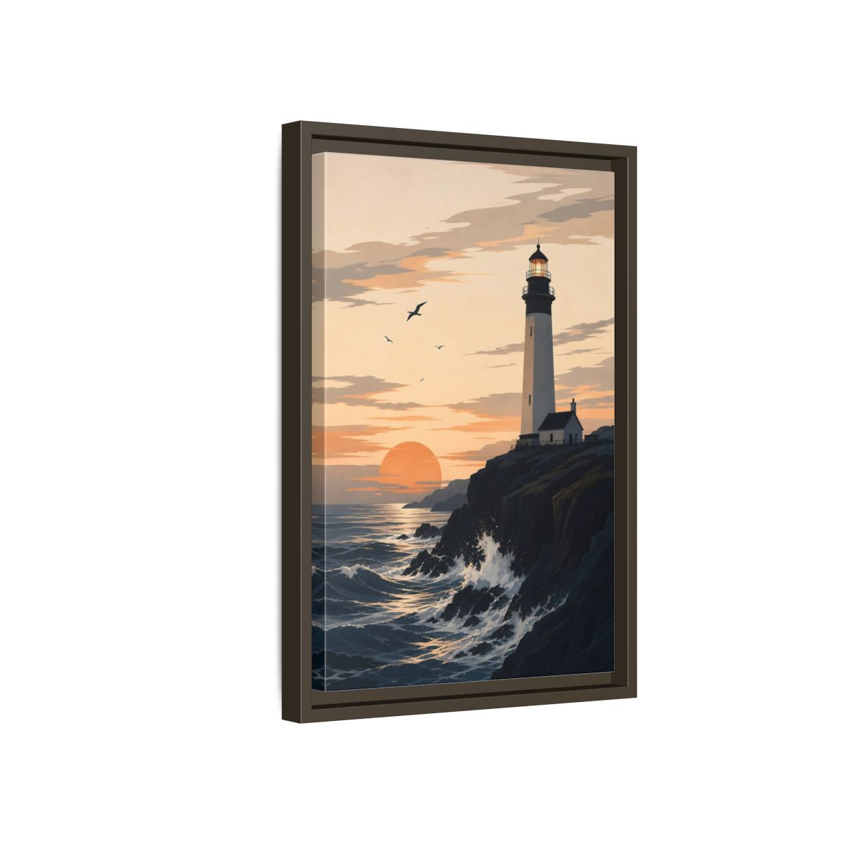 Side Mockup 5. Nature Lighthouse Orange And Blue shown as stretched canvas wall art