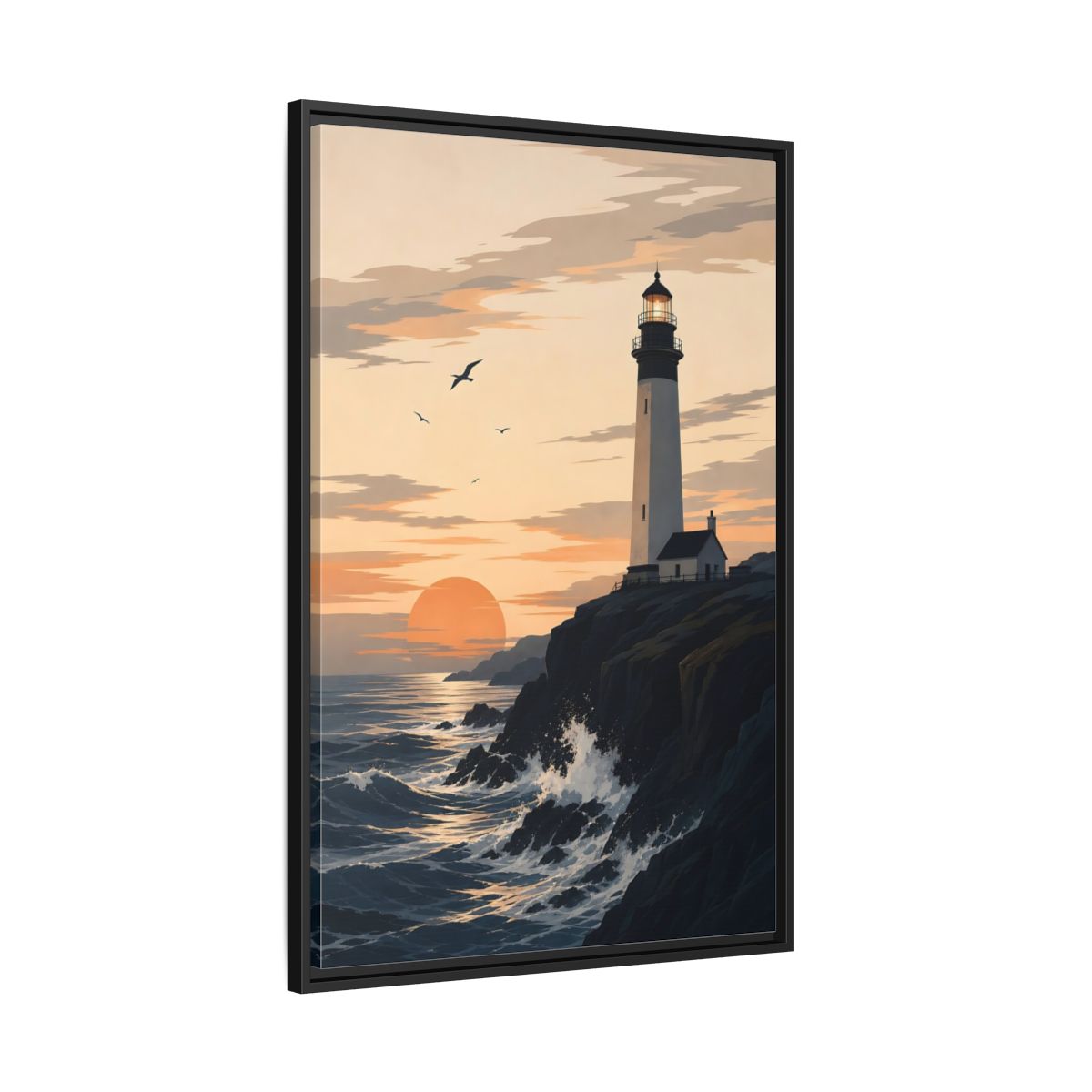 Side Mockup 13. Nature Lighthouse Orange And Blue shown as stretched canvas wall art