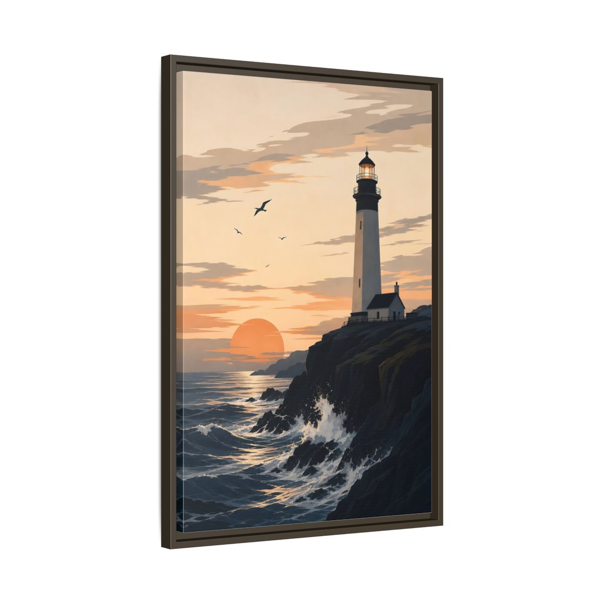 Side Mockup 11. Nature Lighthouse Orange And Blue shown as stretched canvas wall art