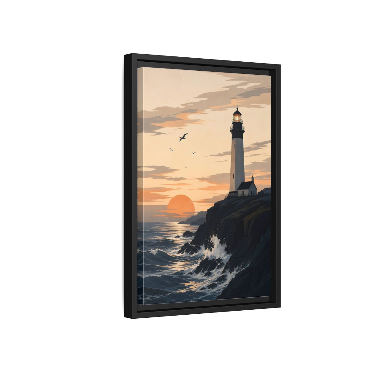 Side Mockup 6. Nature Lighthouse Orange And Blue shown as stretched canvas wall art