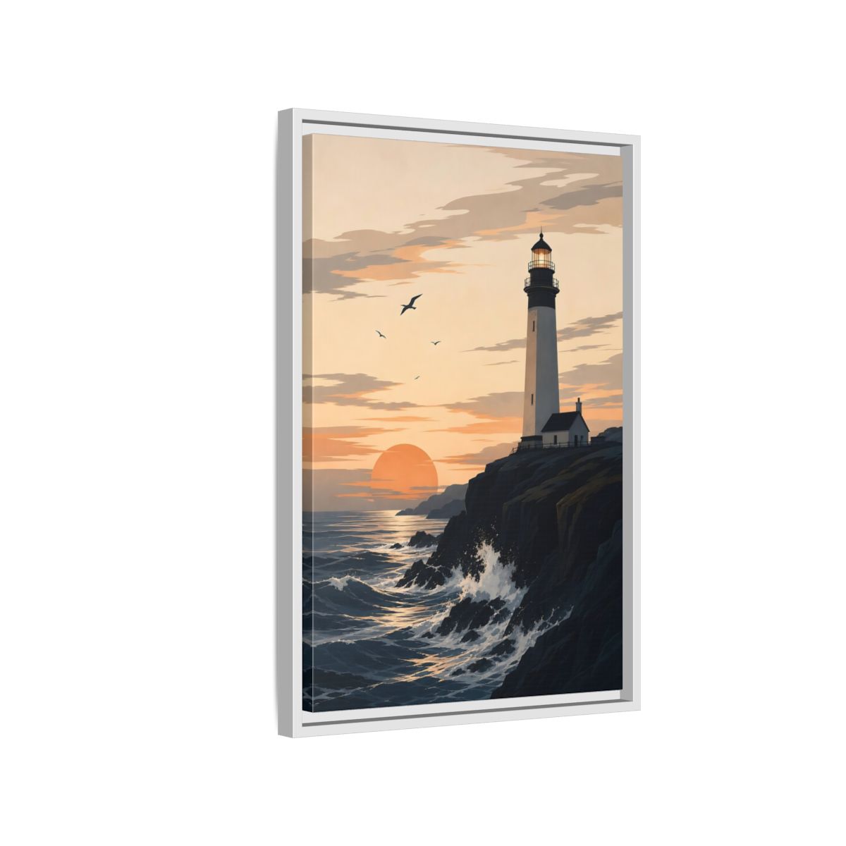 Side Mockup 1. Nature Lighthouse Orange And Blue shown as stretched canvas wall art