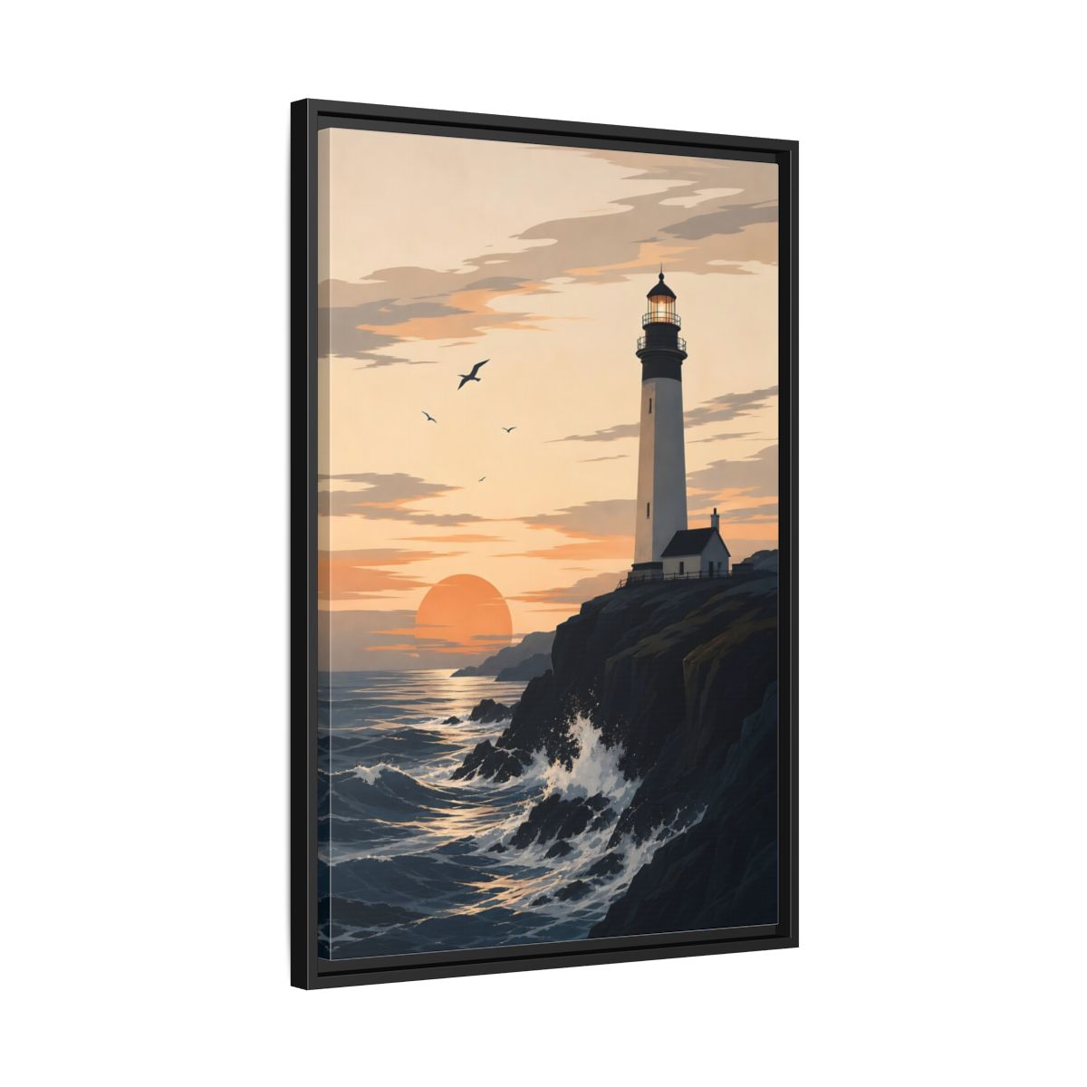 Side Mockup 14. Nature Lighthouse Orange And Blue shown as stretched canvas wall art