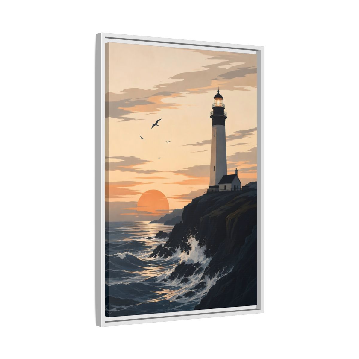 Side Mockup 10. Nature Lighthouse Orange And Blue shown as stretched canvas wall art