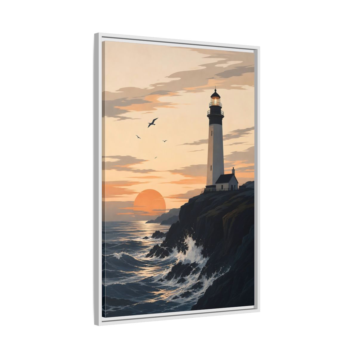 Side Mockup 9. Nature Lighthouse Orange And Blue shown as stretched canvas wall art