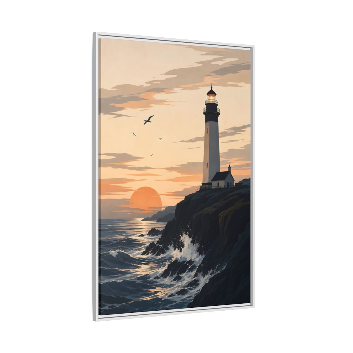 Side Mockup 7. Nature Lighthouse Orange And Blue shown as stretched canvas wall art