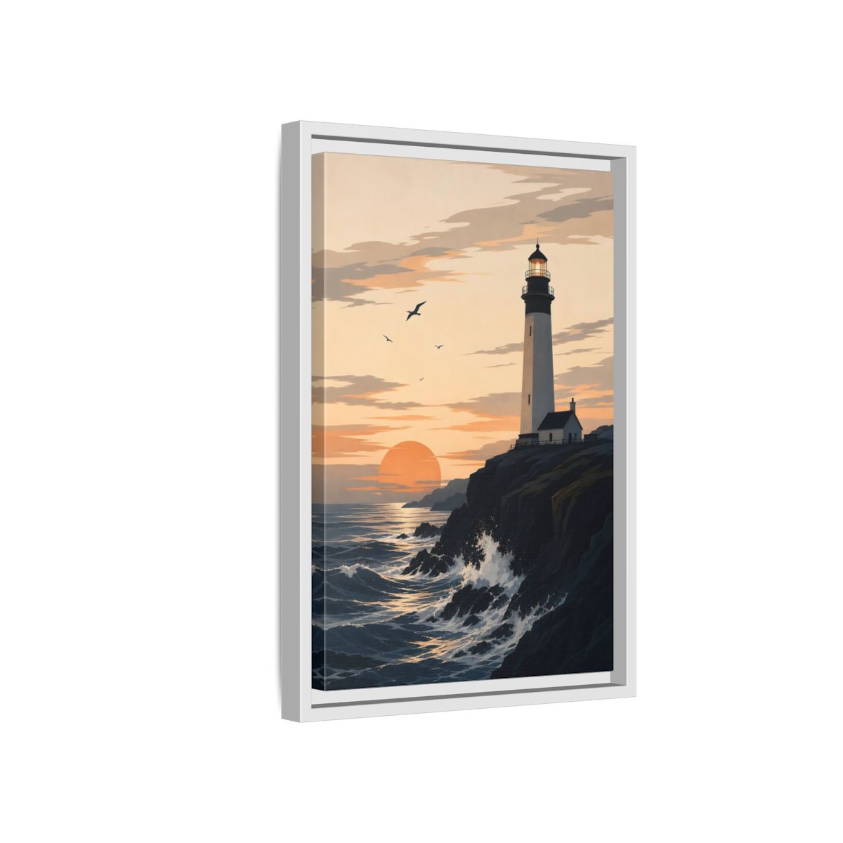 Side Mockup 4. Nature Lighthouse Orange And Blue shown as stretched canvas wall art