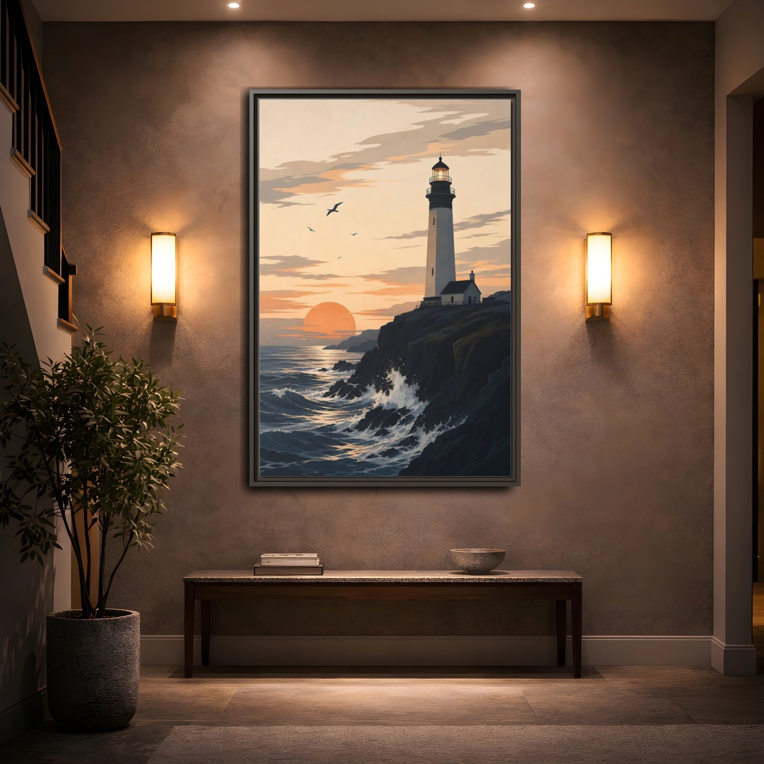 Mockup 2. Nature Lighthouse Orange And Blue shown as stretched canvas wall art