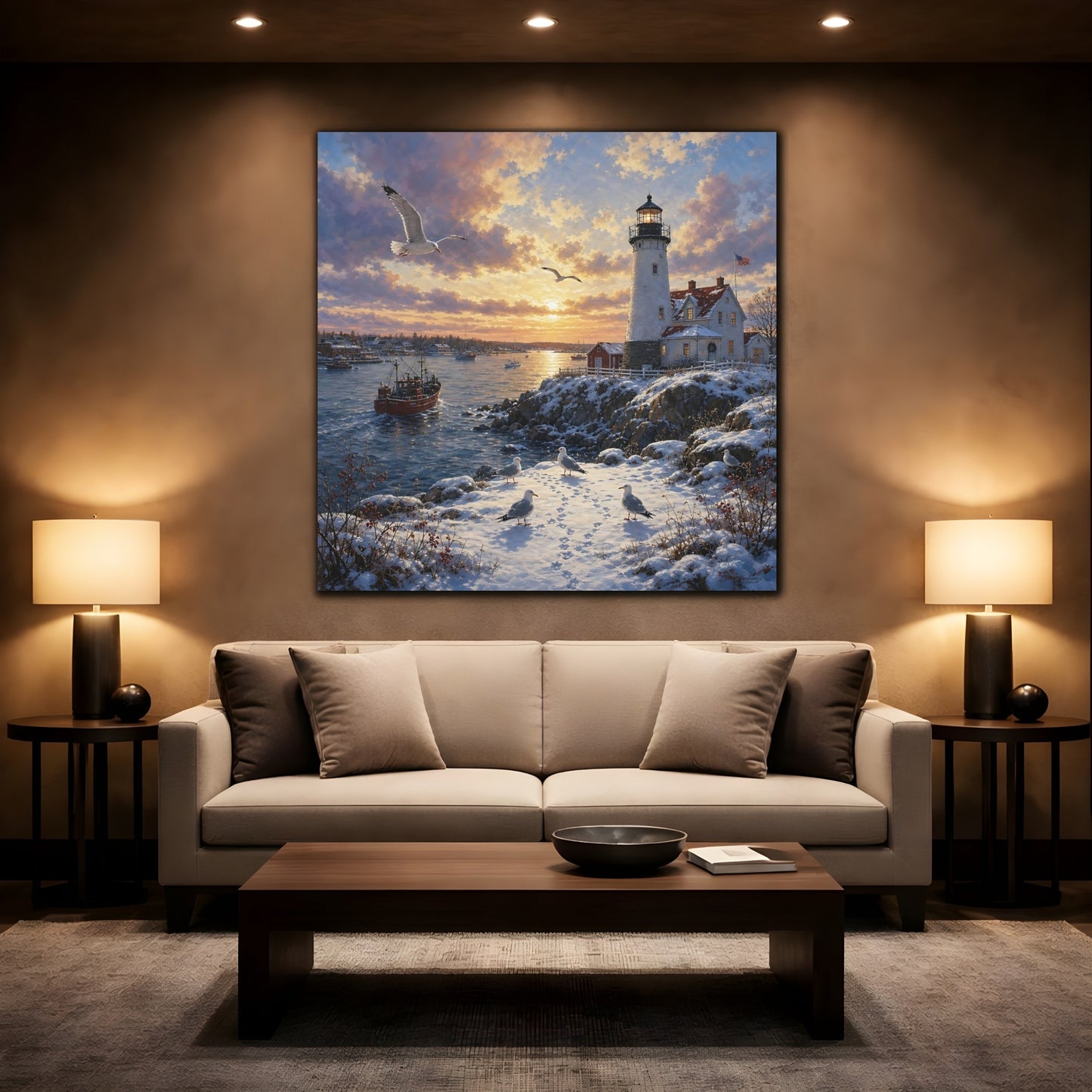 Mockup 2. Nature Lighthouse Orange And Blue shown as stretched canvas wall art