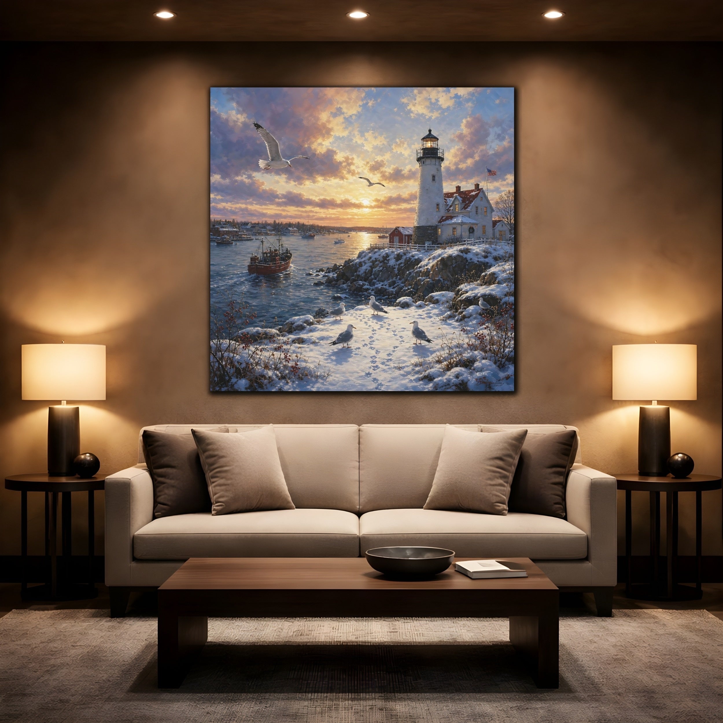 Mockup 2. Nature Lighthouse Orange And Blue shown as stretched canvas wall art