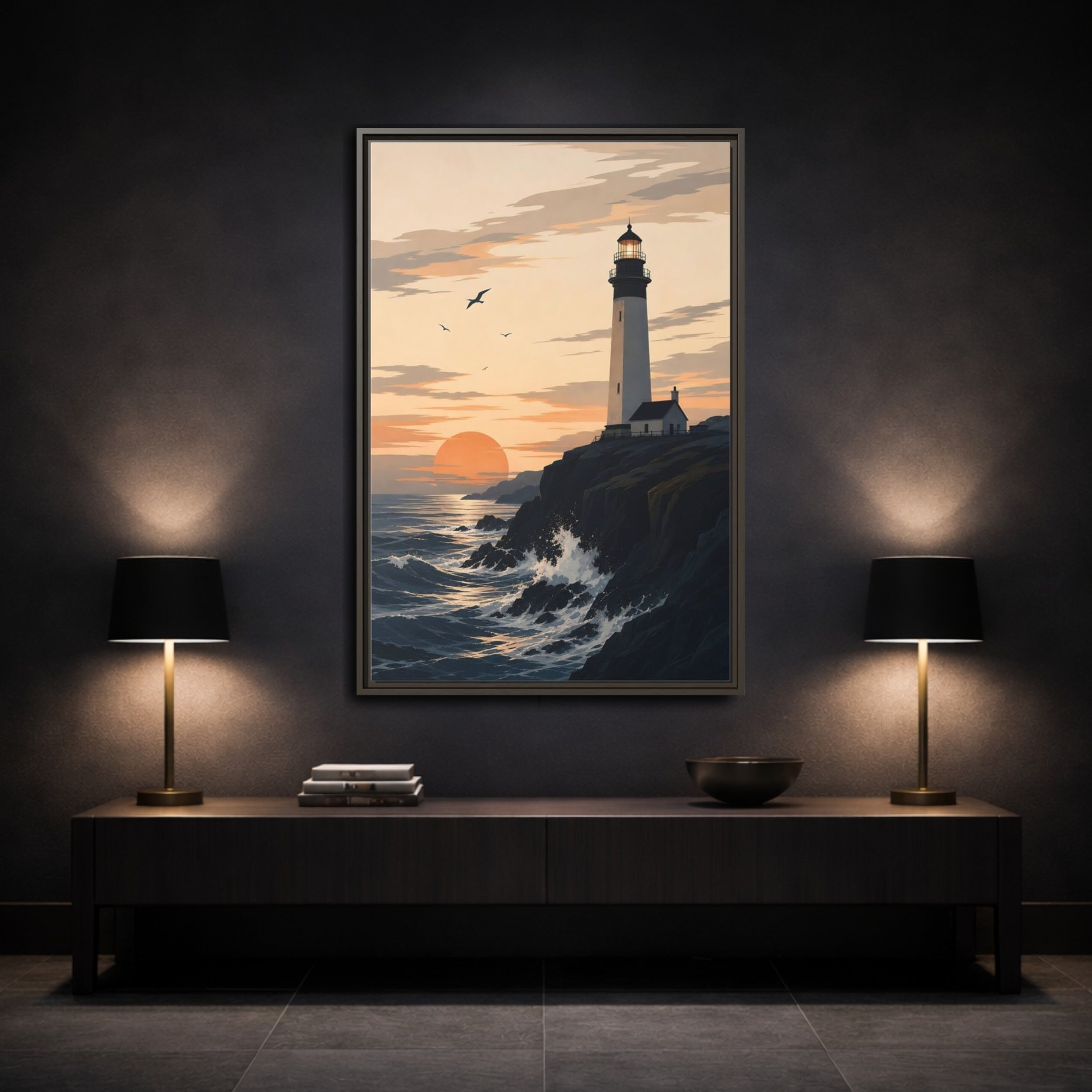 Mockup 3. Nature Lighthouse Orange And Blue shown as stretched canvas wall art