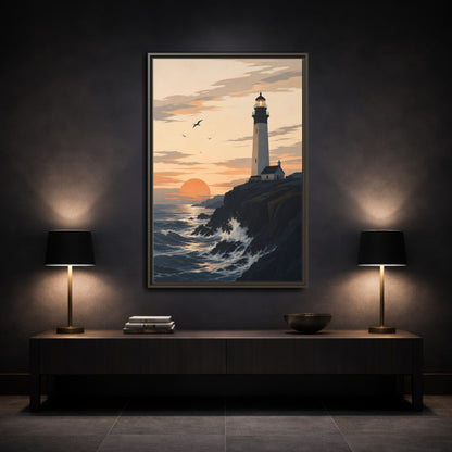 Mockup 3. Nature Lighthouse Orange And Blue shown as stretched canvas wall art