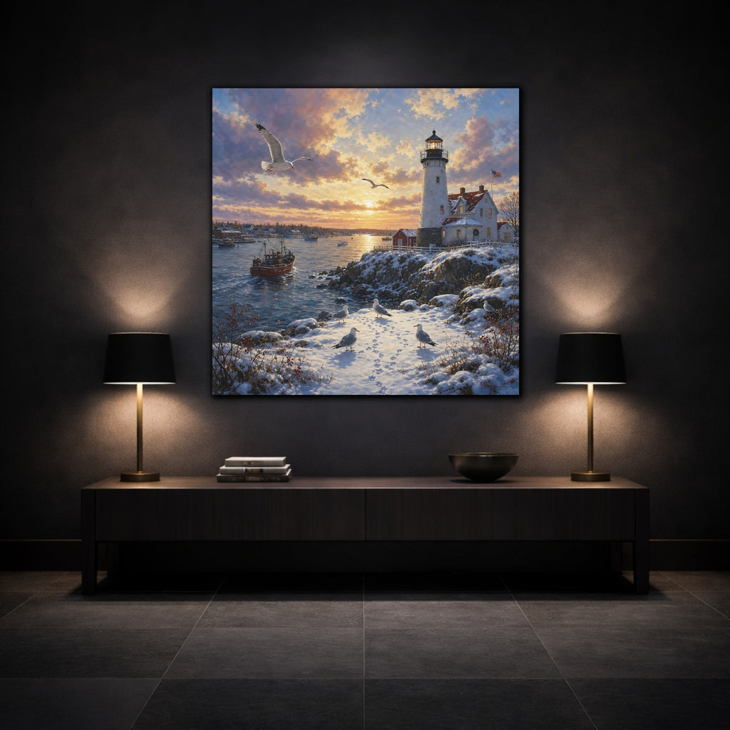 Mockup 3. Nature Lighthouse Orange And Blue shown as stretched canvas wall art