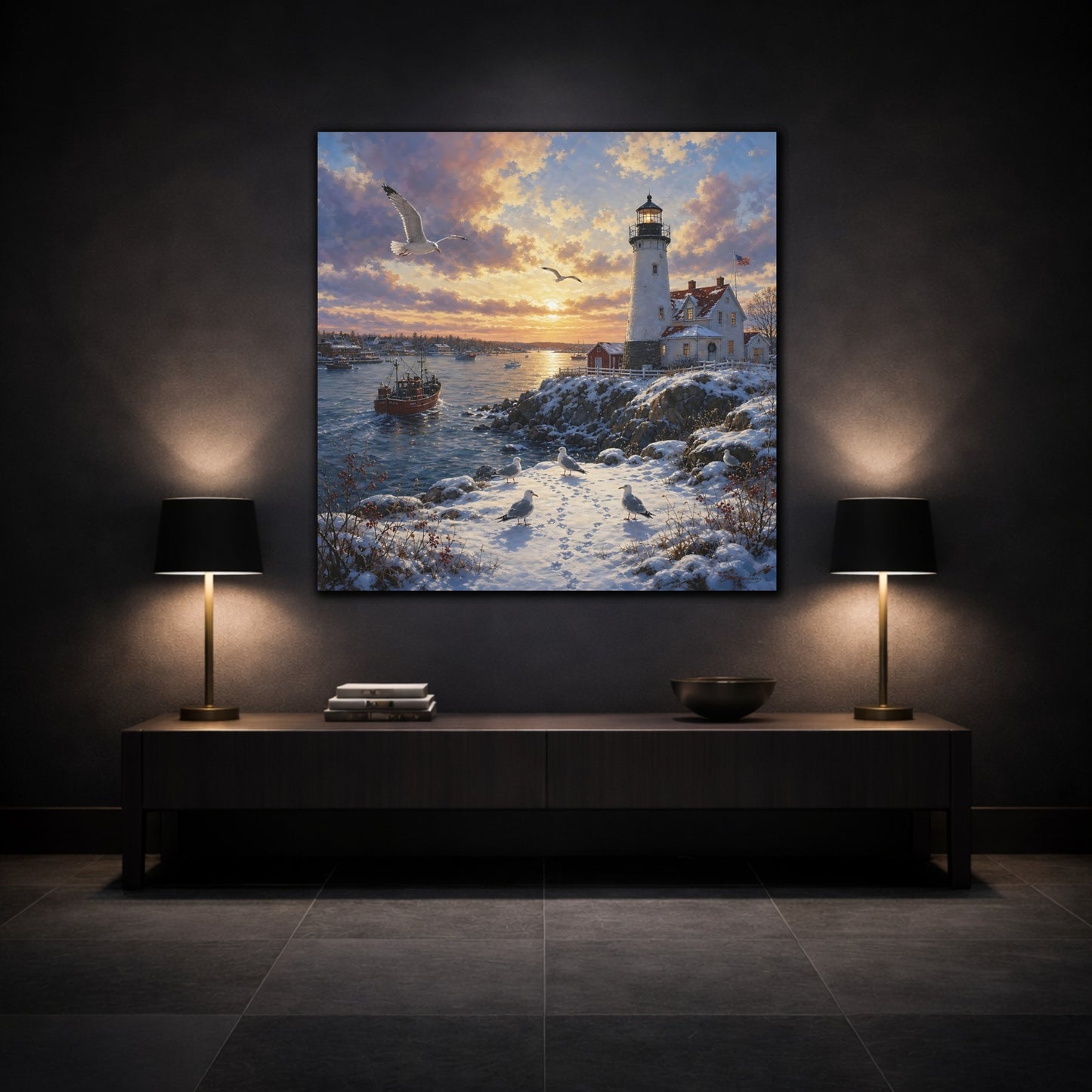 Mockup 3. Nature Lighthouse Orange And Blue shown as stretched canvas wall art