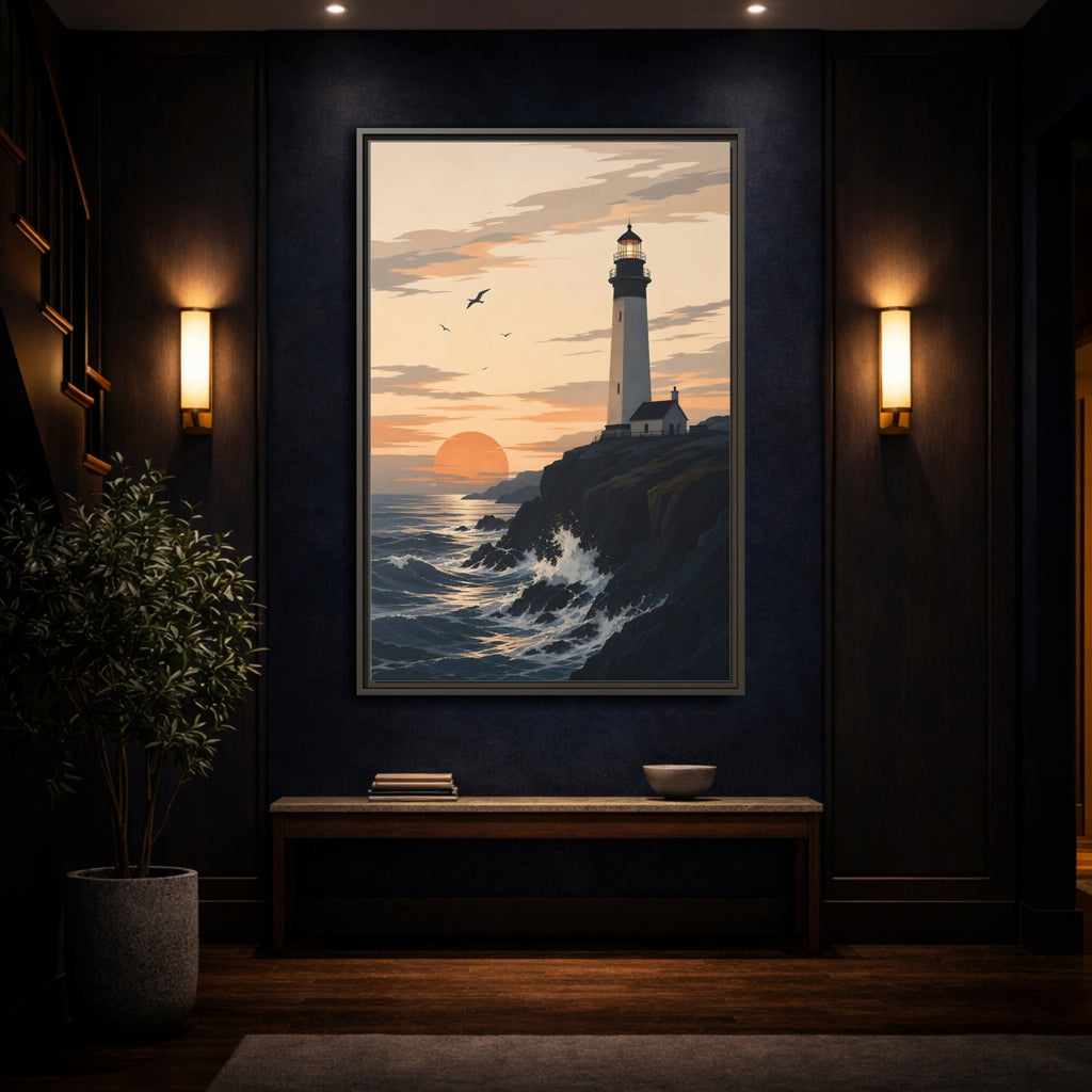 Mockup 4. Nature Lighthouse Orange And Blue shown as stretched canvas wall art