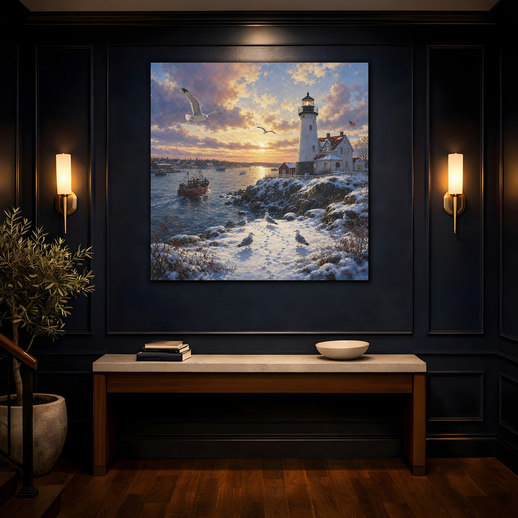 Mockup 4. Nature Lighthouse Orange And Blue shown as stretched canvas wall art