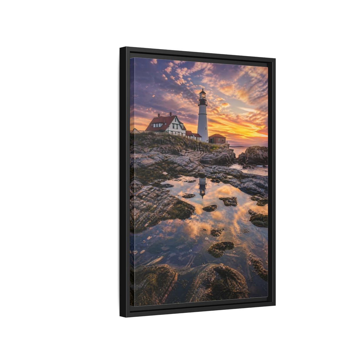 Nature Lighthouse Orange Blue Sunset Framed Canvas Wall Art - Photorealistic Living Room, Above Sofa shown as canvas wall art