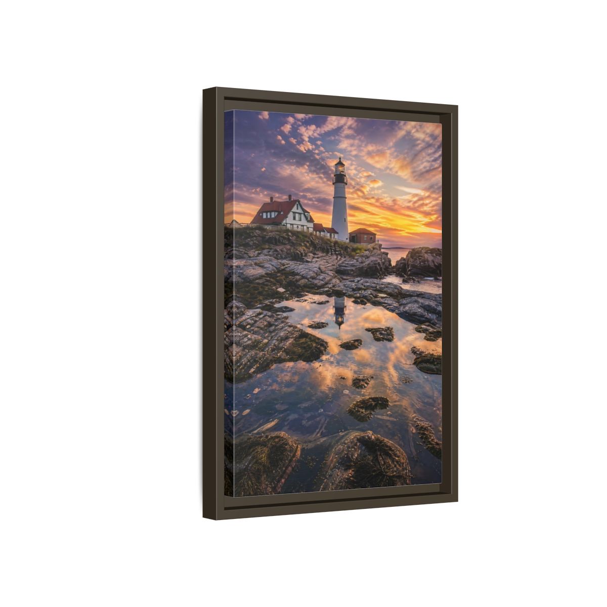 Nature Lighthouse Orange Blue Sunset Framed Canvas Wall Art - Photorealistic Living Room, Above Sofa shown as canvas wall art