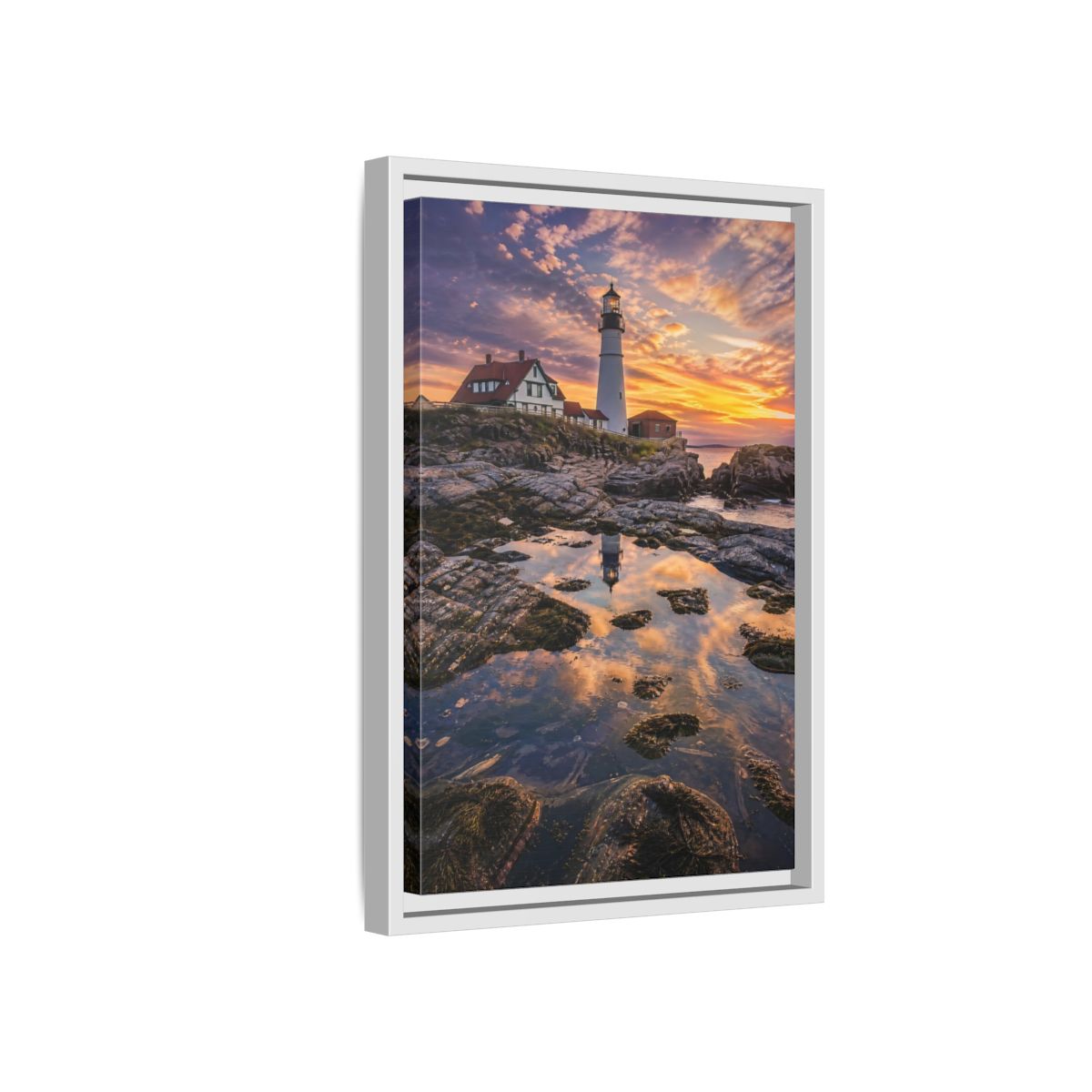Nature Lighthouse Orange Blue Sunset Framed Canvas Wall Art - Photorealistic Living Room, Above Sofa shown as canvas wall art