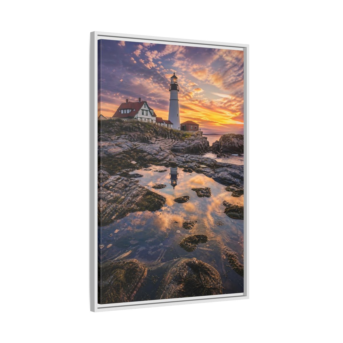 Nature Lighthouse Orange Blue Sunset Framed Canvas Wall Art - Photorealistic Living Room, Above Sofa shown as canvas wall art