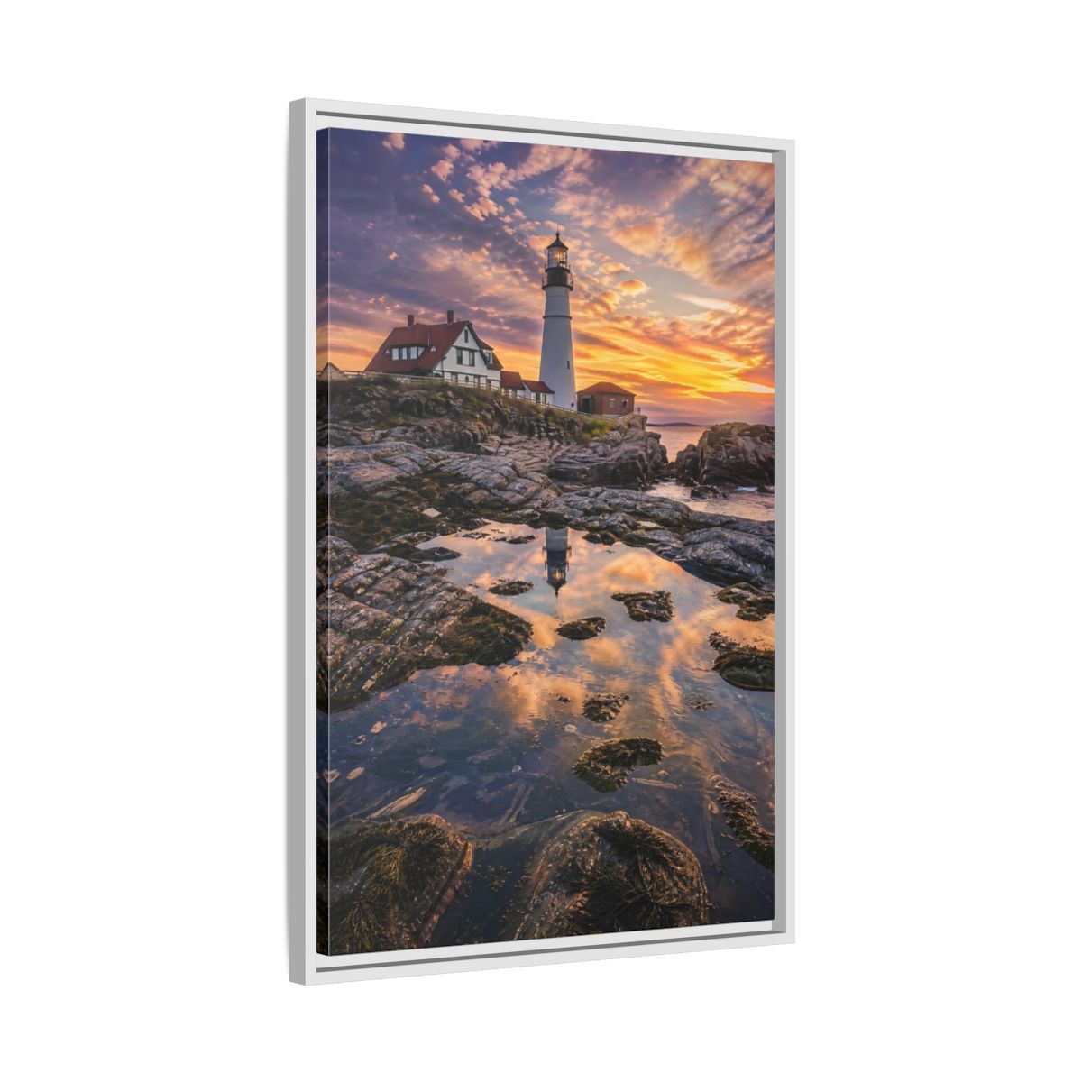 Nature Lighthouse Orange Blue Sunset Framed Canvas Wall Art - Photorealistic Living Room, Above Sofa shown as canvas wall art