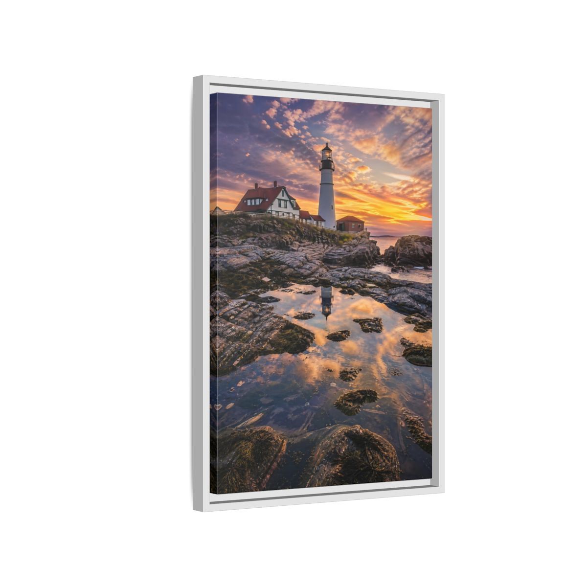 Nature Lighthouse Orange Blue Sunset Framed Canvas Wall Art - Photorealistic Living Room, Above Sofa shown as canvas wall art
