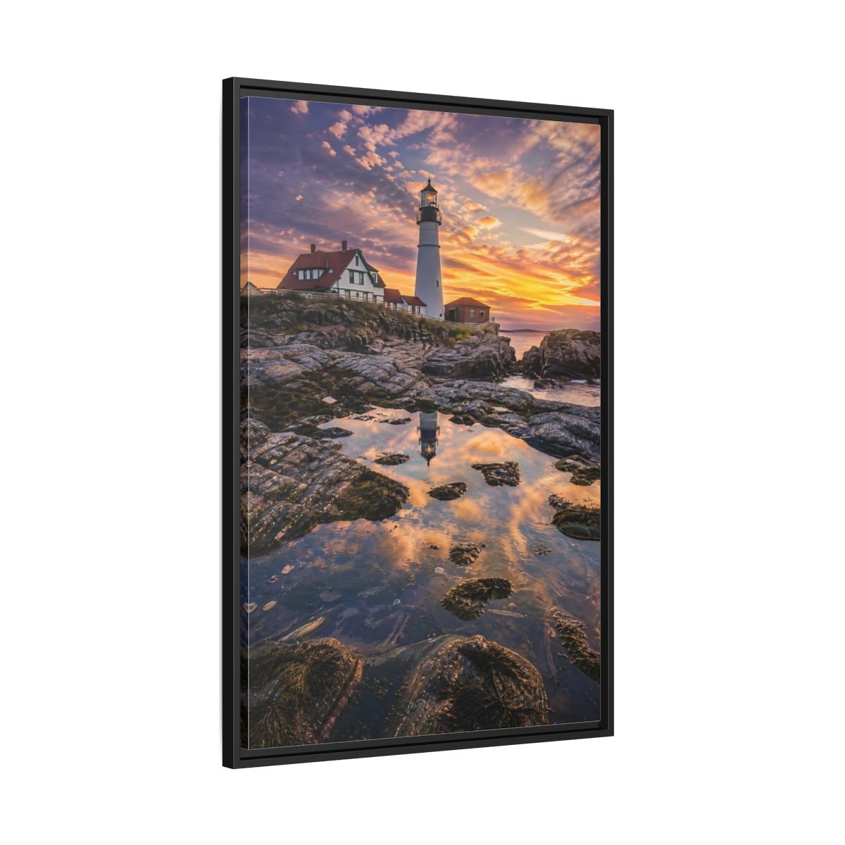 Nature Lighthouse Orange Blue Sunset Framed Canvas Wall Art - Photorealistic Living Room, Above Sofa shown as canvas wall art