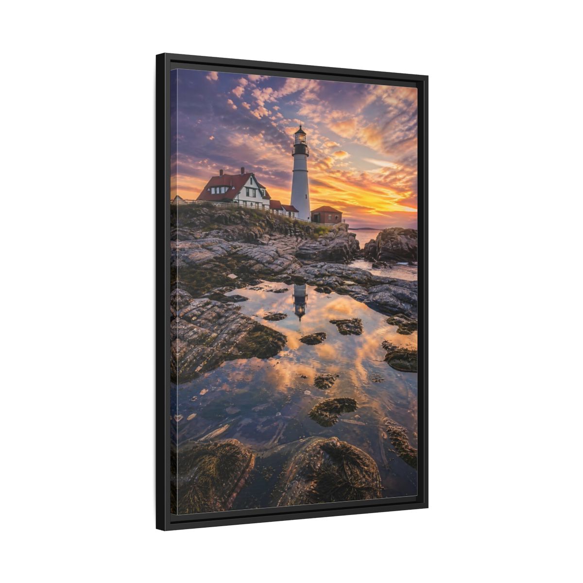 Nature Lighthouse Orange Blue Sunset Framed Canvas Wall Art - Photorealistic Living Room, Above Sofa shown as canvas wall art