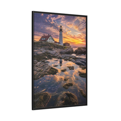 Nature Lighthouse Orange Blue Sunset Framed Canvas Wall Art - Photorealistic Living Room, Above Sofa shown as canvas wall art