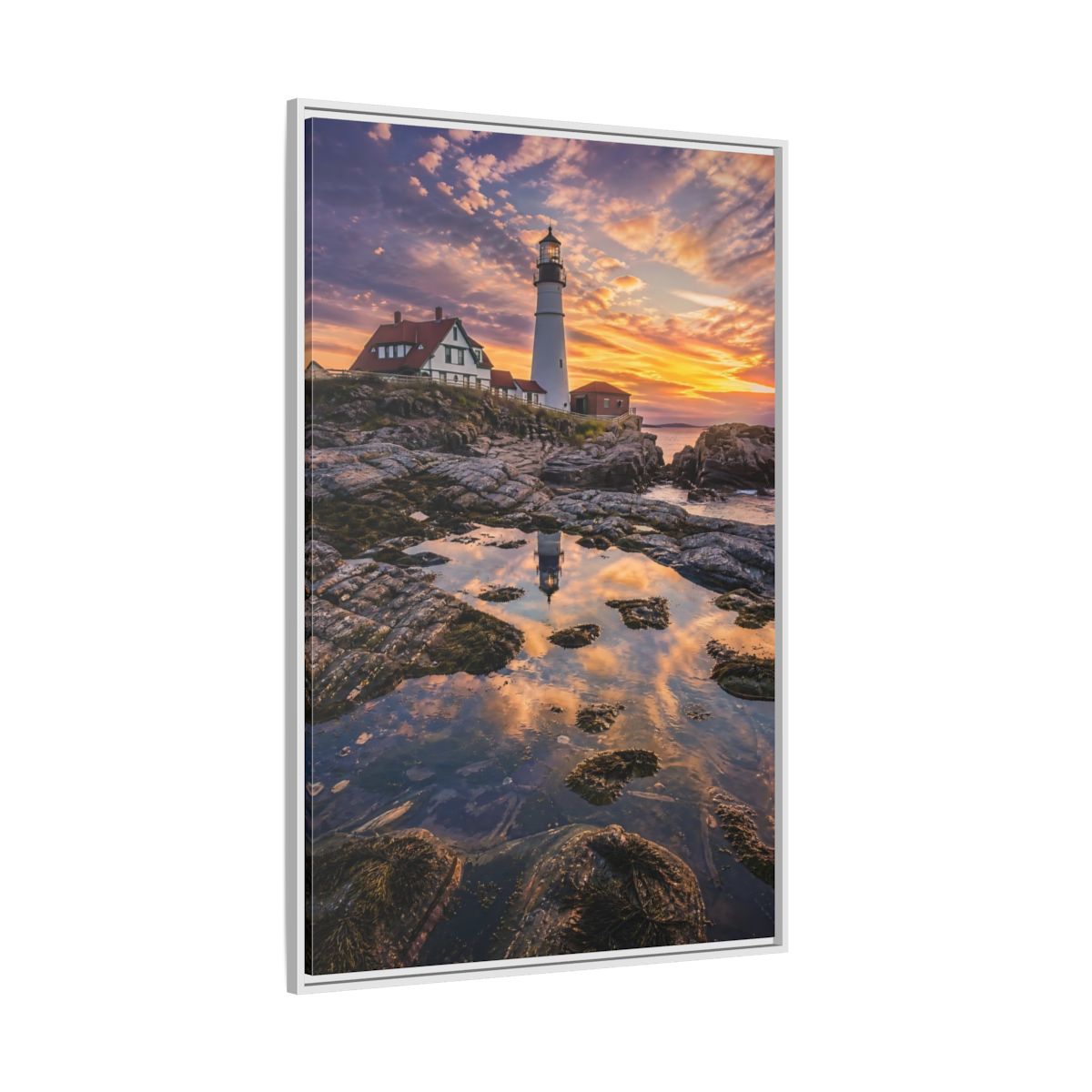 Nature Lighthouse Orange Blue Sunset Framed Canvas Wall Art - Photorealistic Living Room, Above Sofa shown as canvas wall art