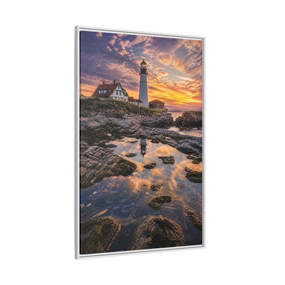 Nature Lighthouse Orange Blue Sunset Framed Canvas Wall Art - Photorealistic Living Room, Above Sofa shown as canvas wall art