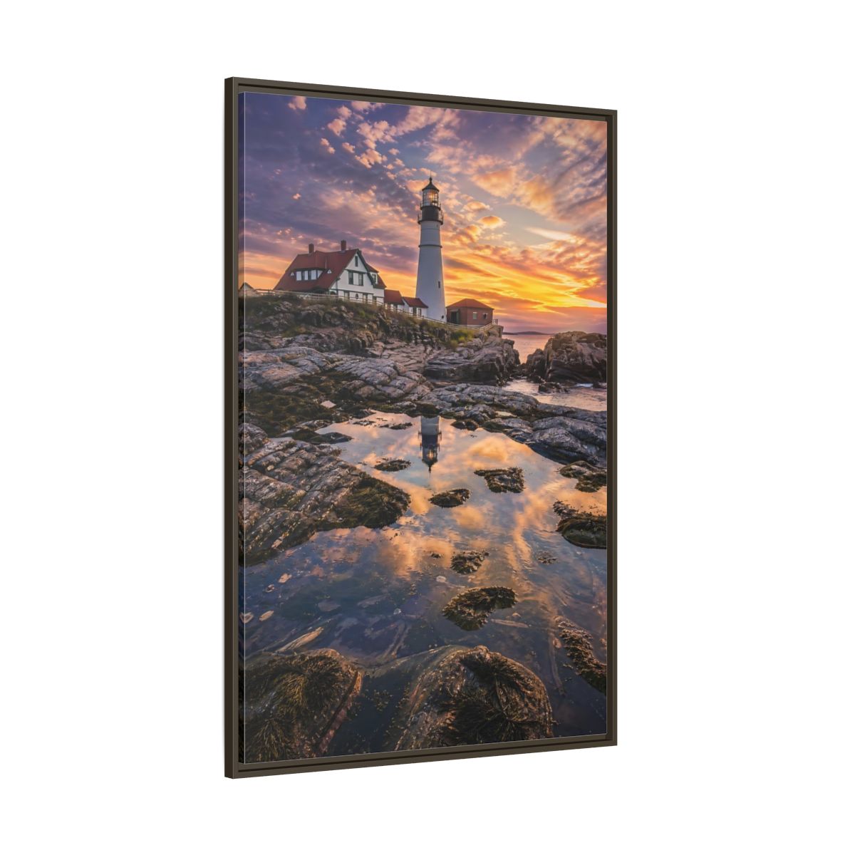 Nature Lighthouse Orange Blue Sunset Framed Canvas Wall Art - Photorealistic Living Room, Above Sofa shown as canvas wall art