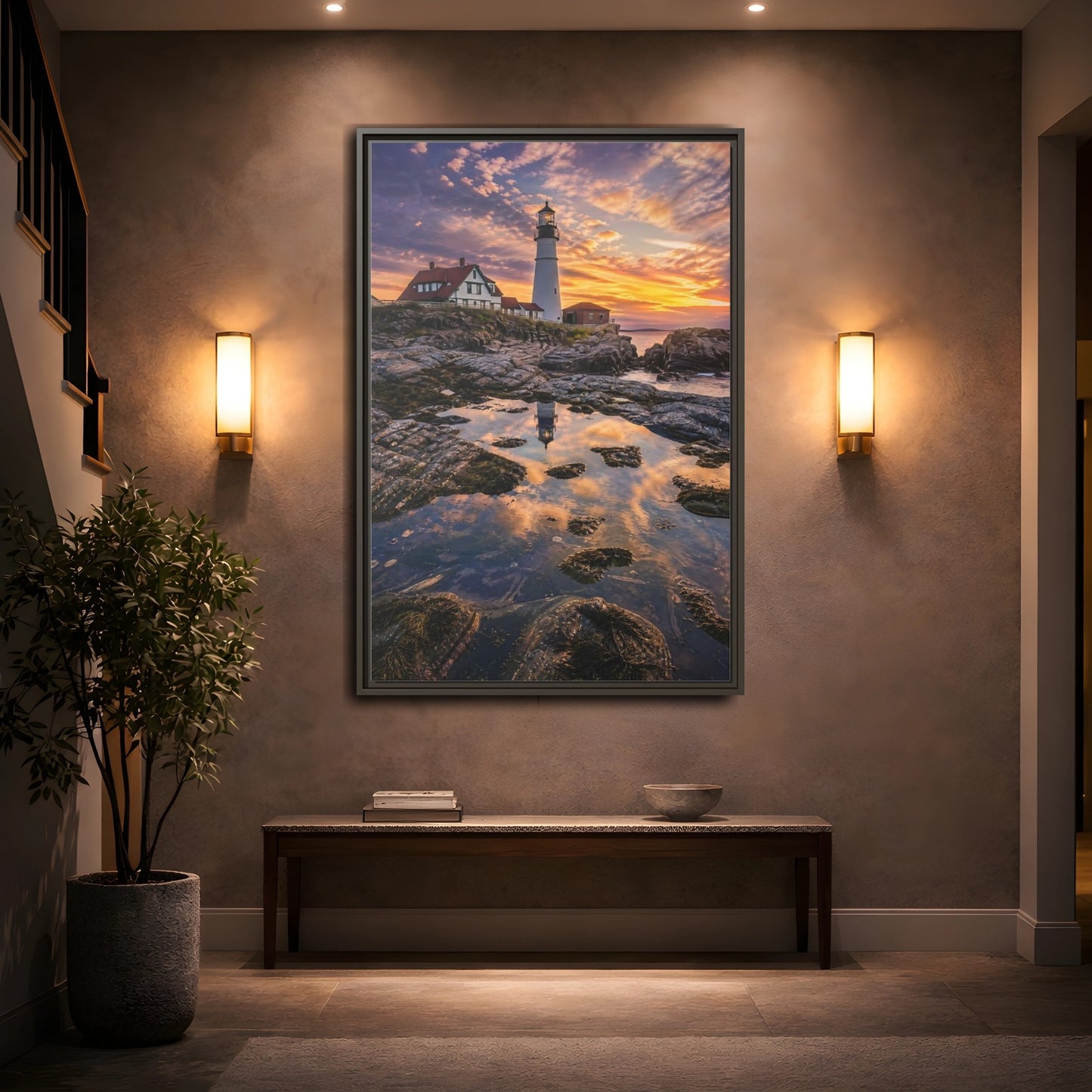 Nature Lighthouse Orange Blue Sunset Framed Canvas Wall Art - Photorealistic Living Room, Above Sofa shown as canvas wall art