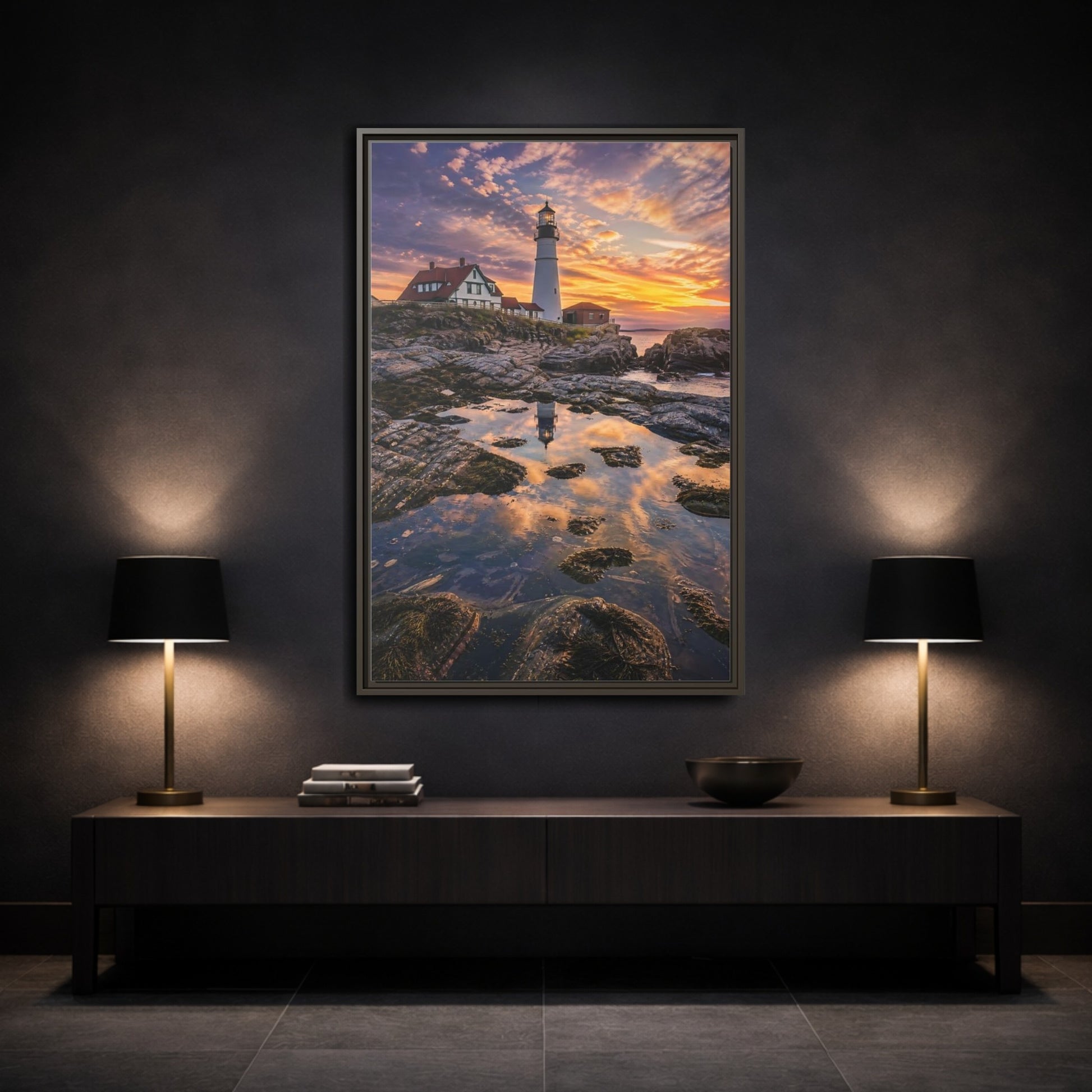 Nature Lighthouse Orange Blue Sunset Framed Canvas Wall Art - Photorealistic Living Room, Above Sofa shown as canvas wall art