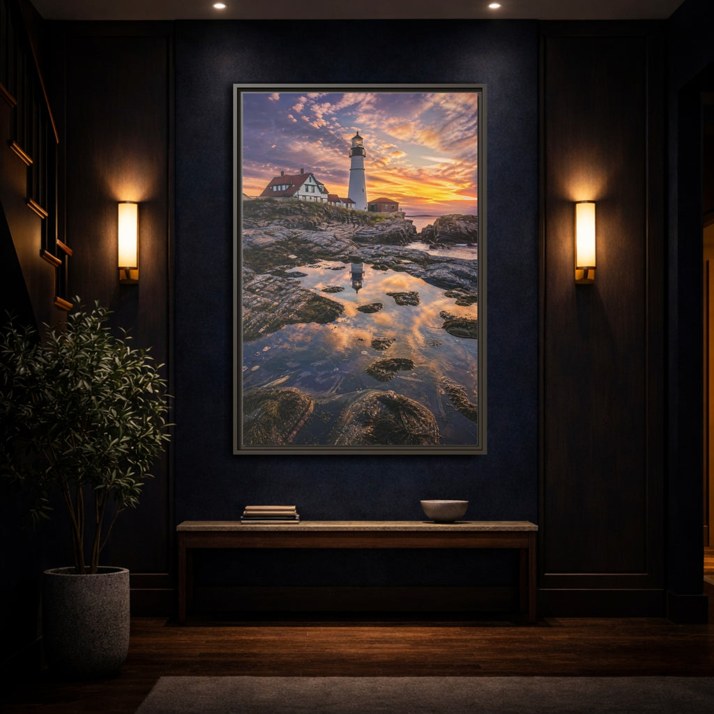 Mockup 4. Nature Lighthouse Orange Blue Sunset shown as stretched canvas wall art