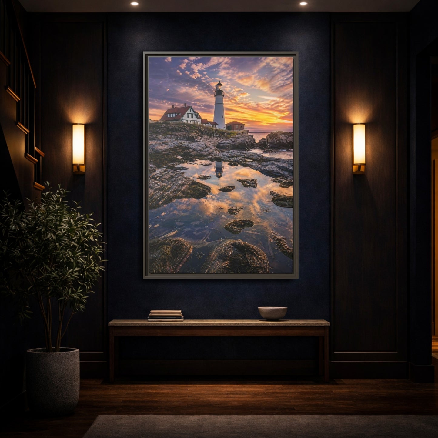 Nature Lighthouse Orange Blue Sunset Framed Canvas Wall Art - Photorealistic Living Room, Above Sofa shown as canvas wall art