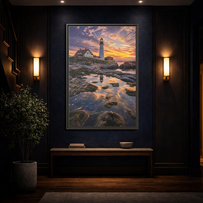 Nature Lighthouse Orange Blue Sunset Framed Canvas Wall Art - Photorealistic Living Room, Above Sofa shown as canvas wall art