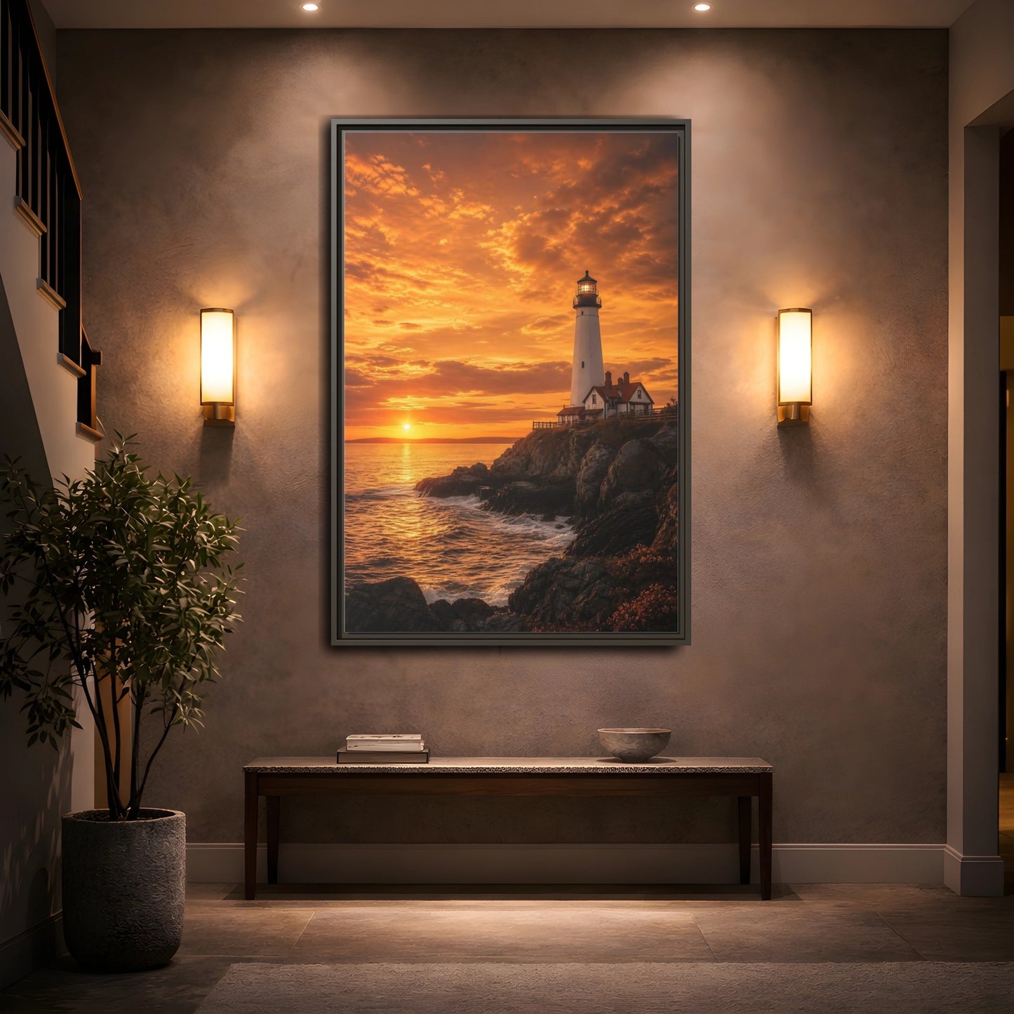 Mockup 2. Nature Lighthouse Orange Lighthouse Sunset shown as stretched canvas wall art