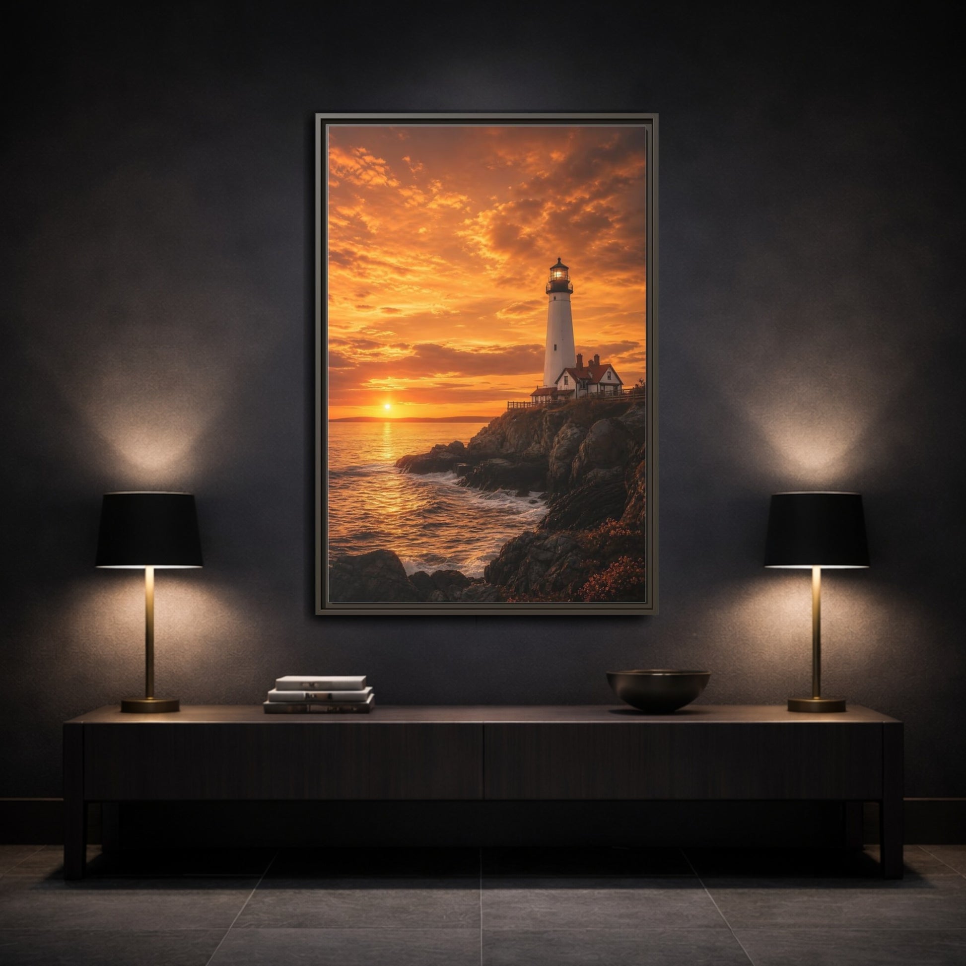 Mockup 3. Nature Lighthouse Orange Lighthouse Sunset shown as stretched canvas wall art