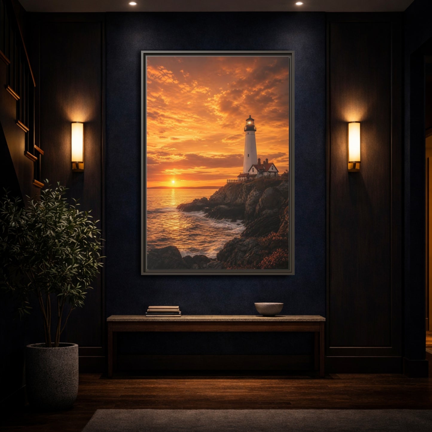 Mockup 4. Nature Lighthouse Orange Lighthouse Sunset shown as stretched canvas wall art