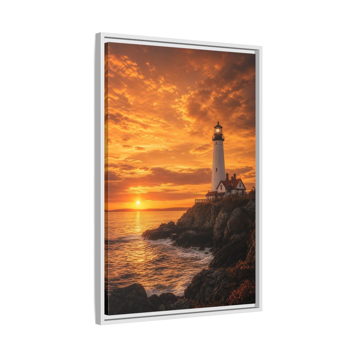 Side Mockup 10. Nature Lighthouse Orange Lighthouse Sunset shown as stretched canvas wall art