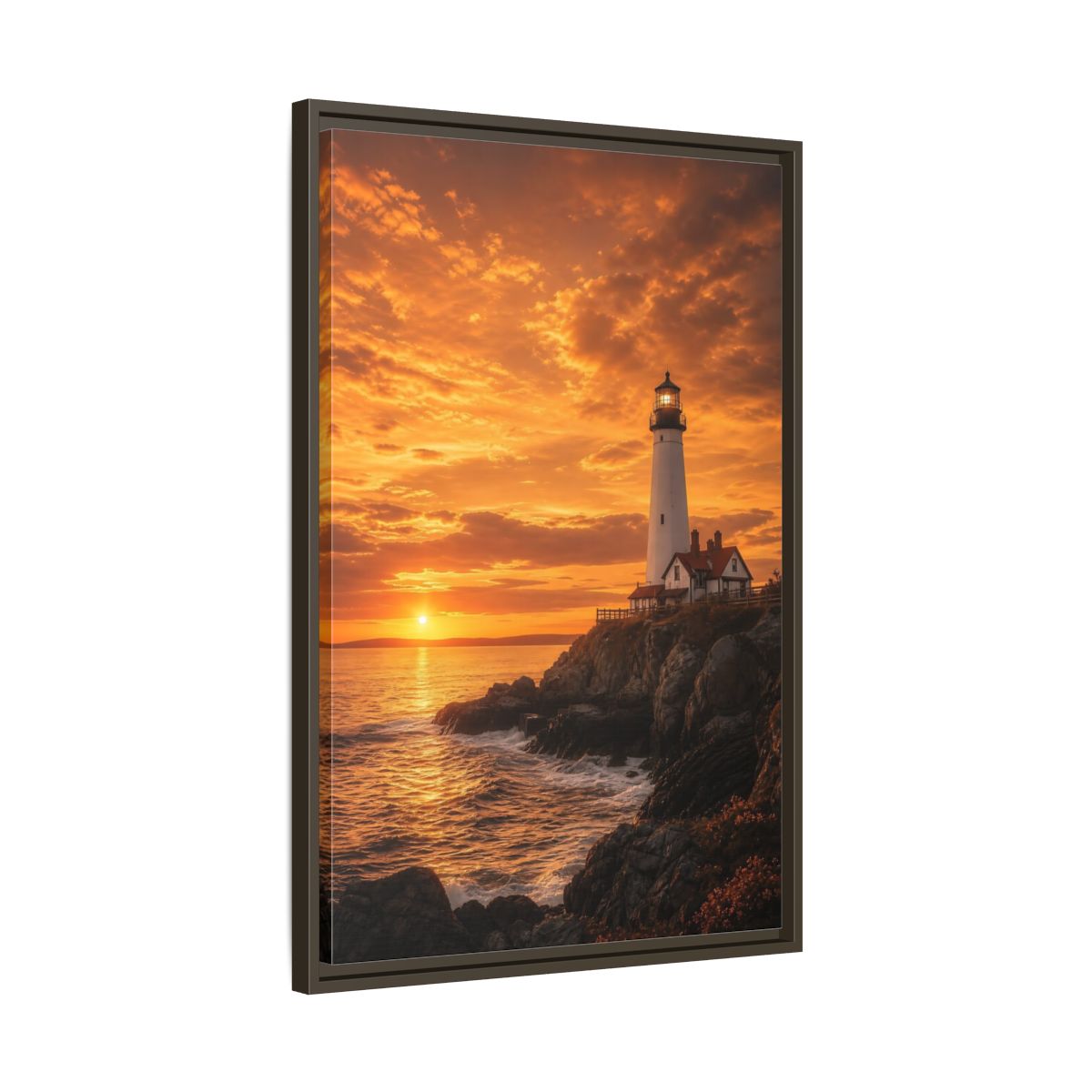 Side Mockup 11. Nature Lighthouse Orange Lighthouse Sunset shown as stretched canvas wall art